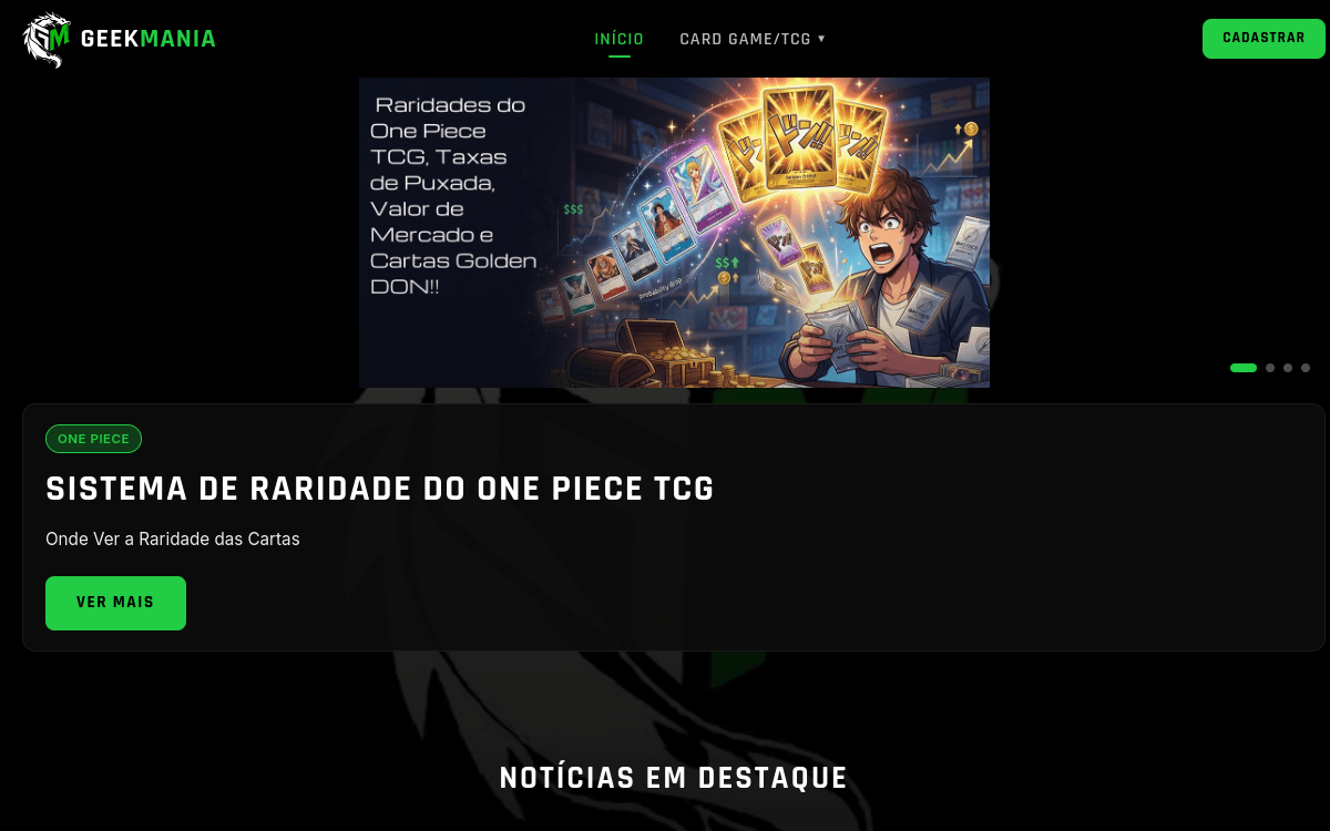 Captura de tela do projeto GeekMania — Portal de TCG