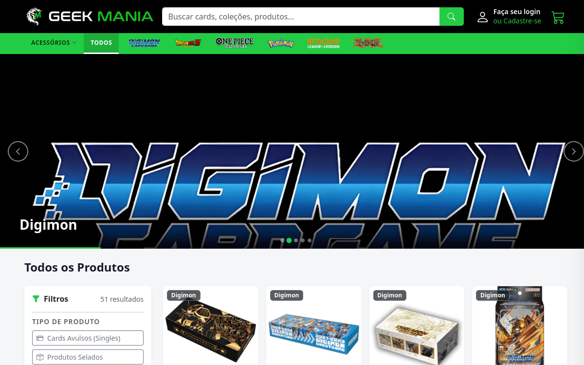 Captura de tela do projeto Geek Mania TCG